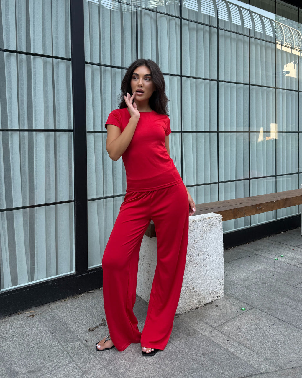 Dolce Kırmızı T-shirt - Pantolon - Kimono Set