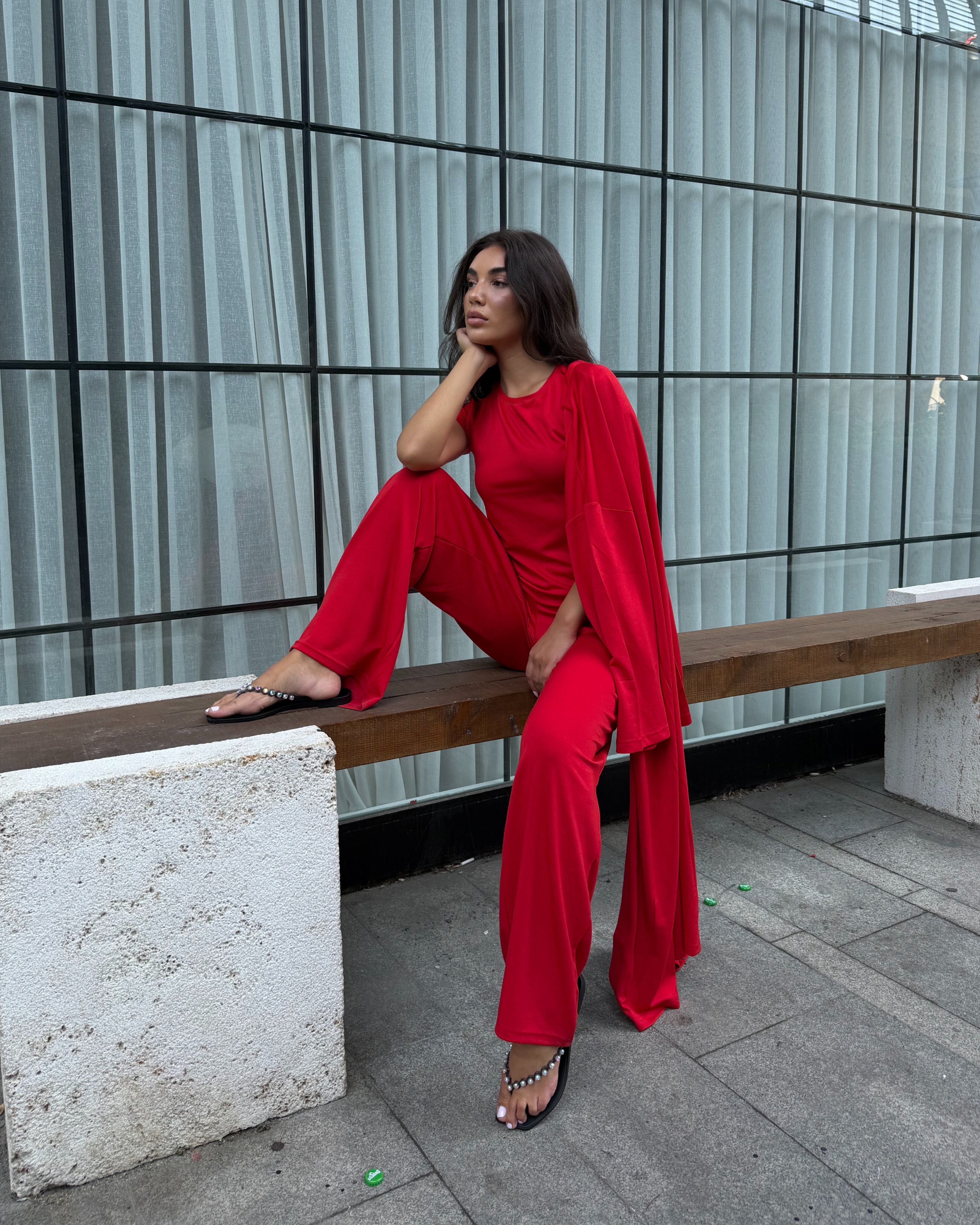 Dolce Kırmızı T-shirt - Pantolon - Kimono Set