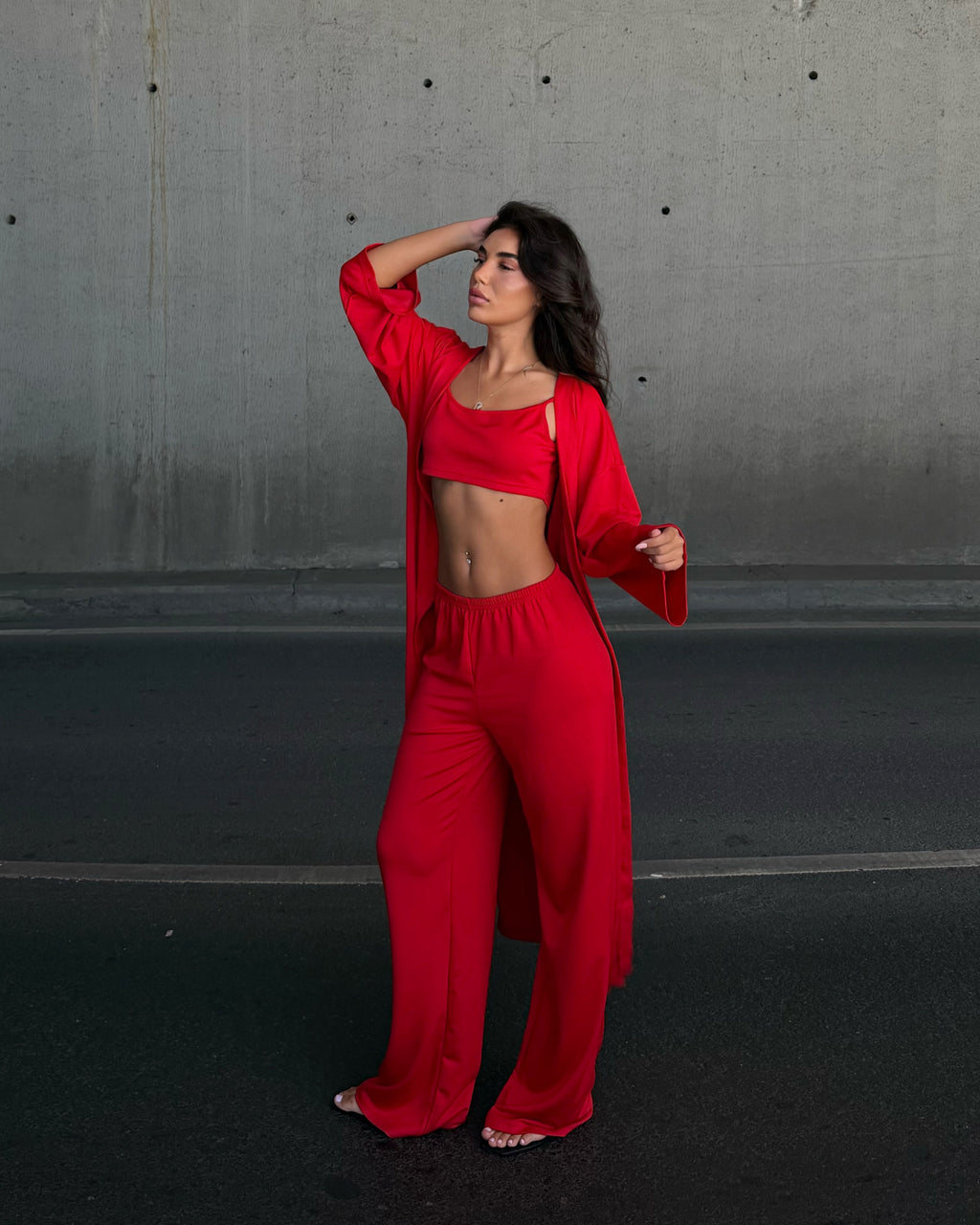Dolce Kırmızı Crop Top - Pantolon - Kimono Set