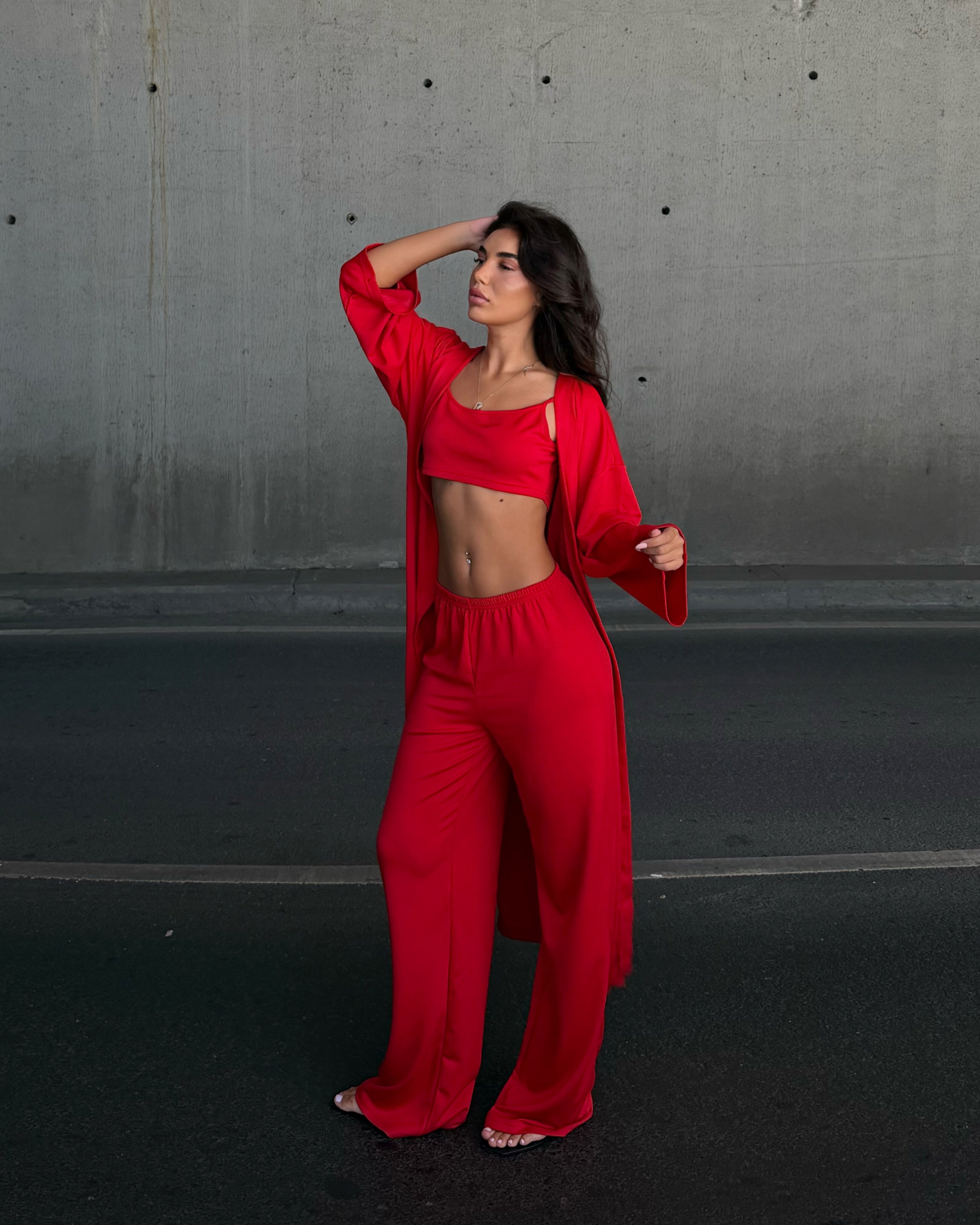 Dolce Kırmızı Crop Top - Pantolon - Kimono Set