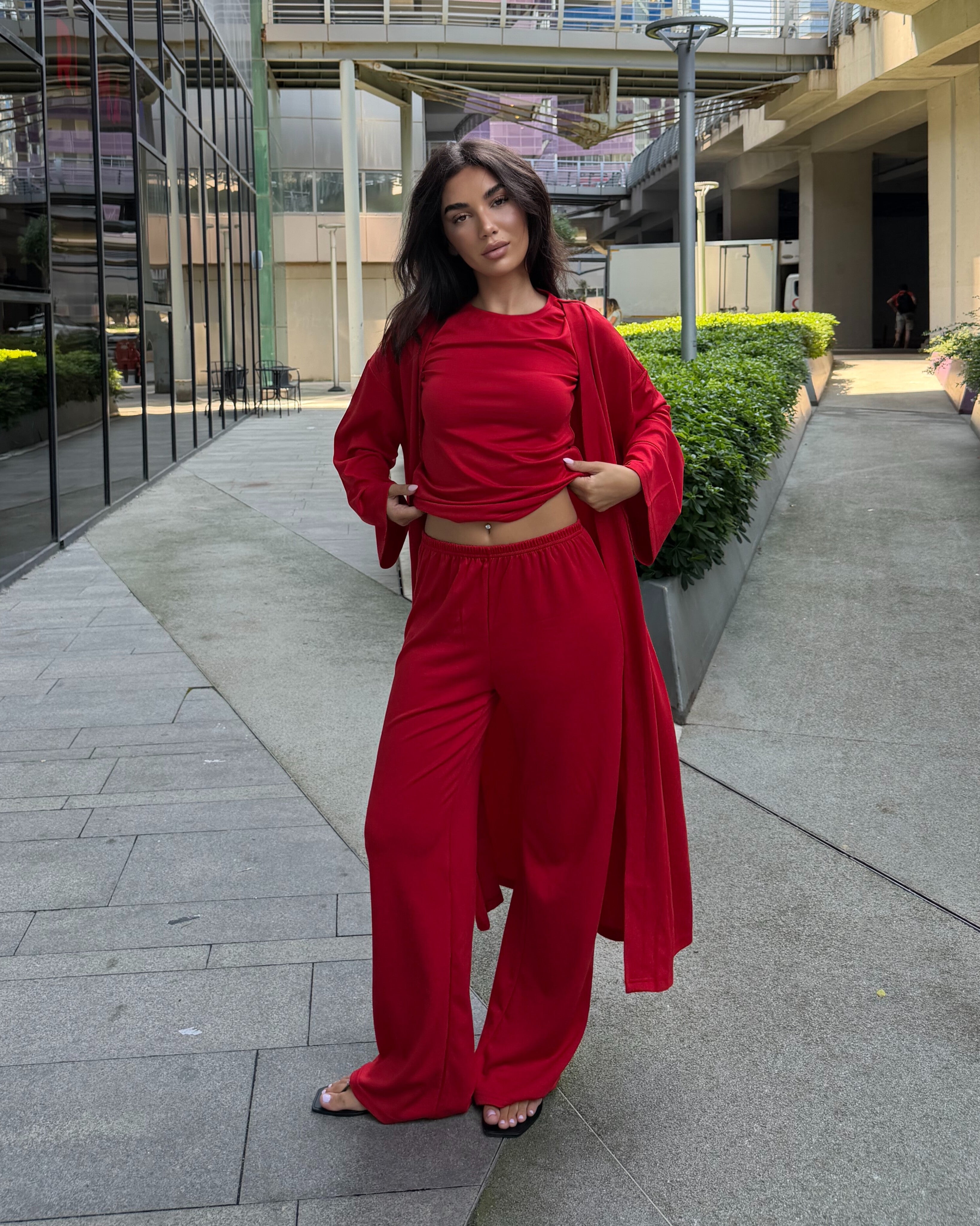 Dolce Kırmızı T-shirt - Pantolon - Kimono Set