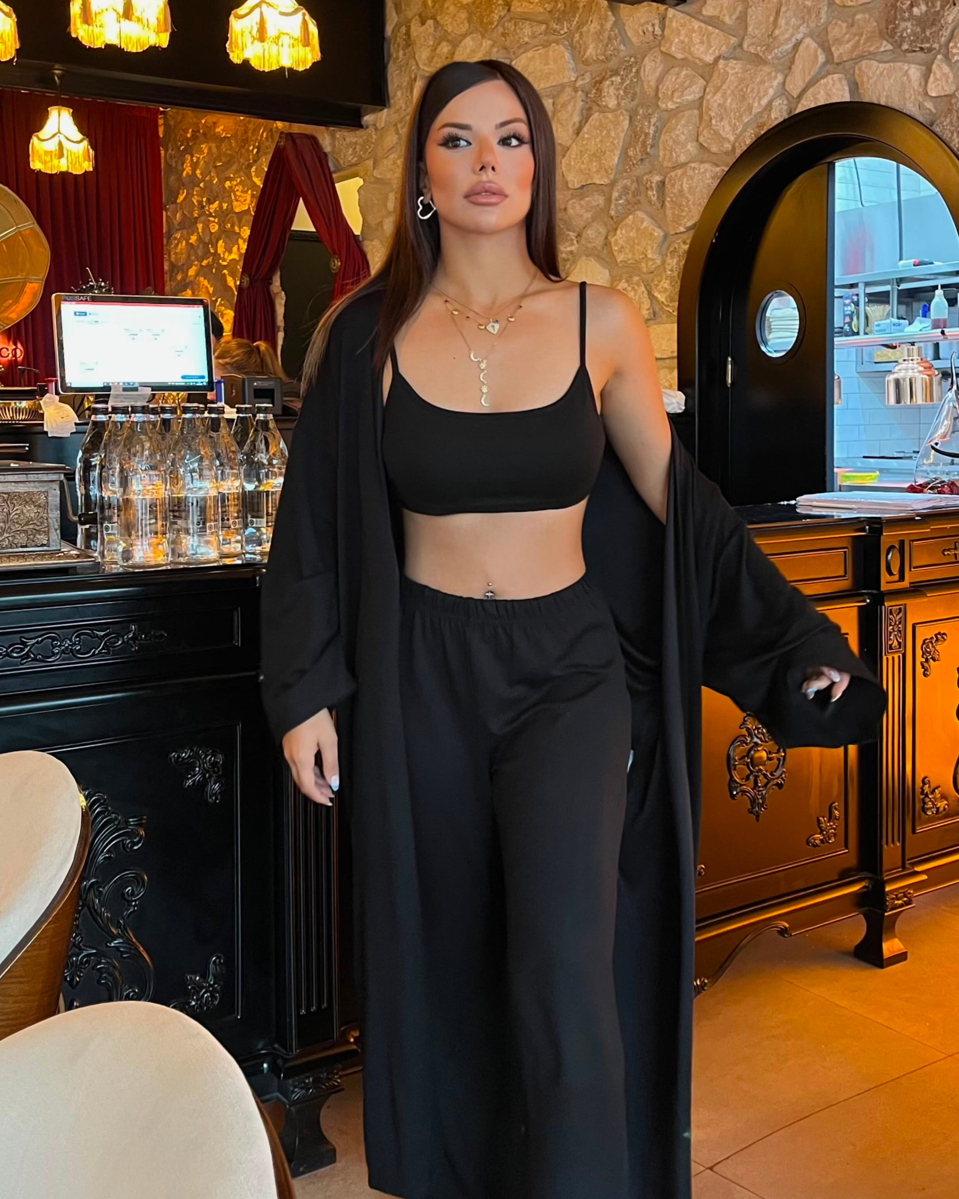 Dolce Siyah Pantolon - Crop Top - Kuşaklı Kimono Set