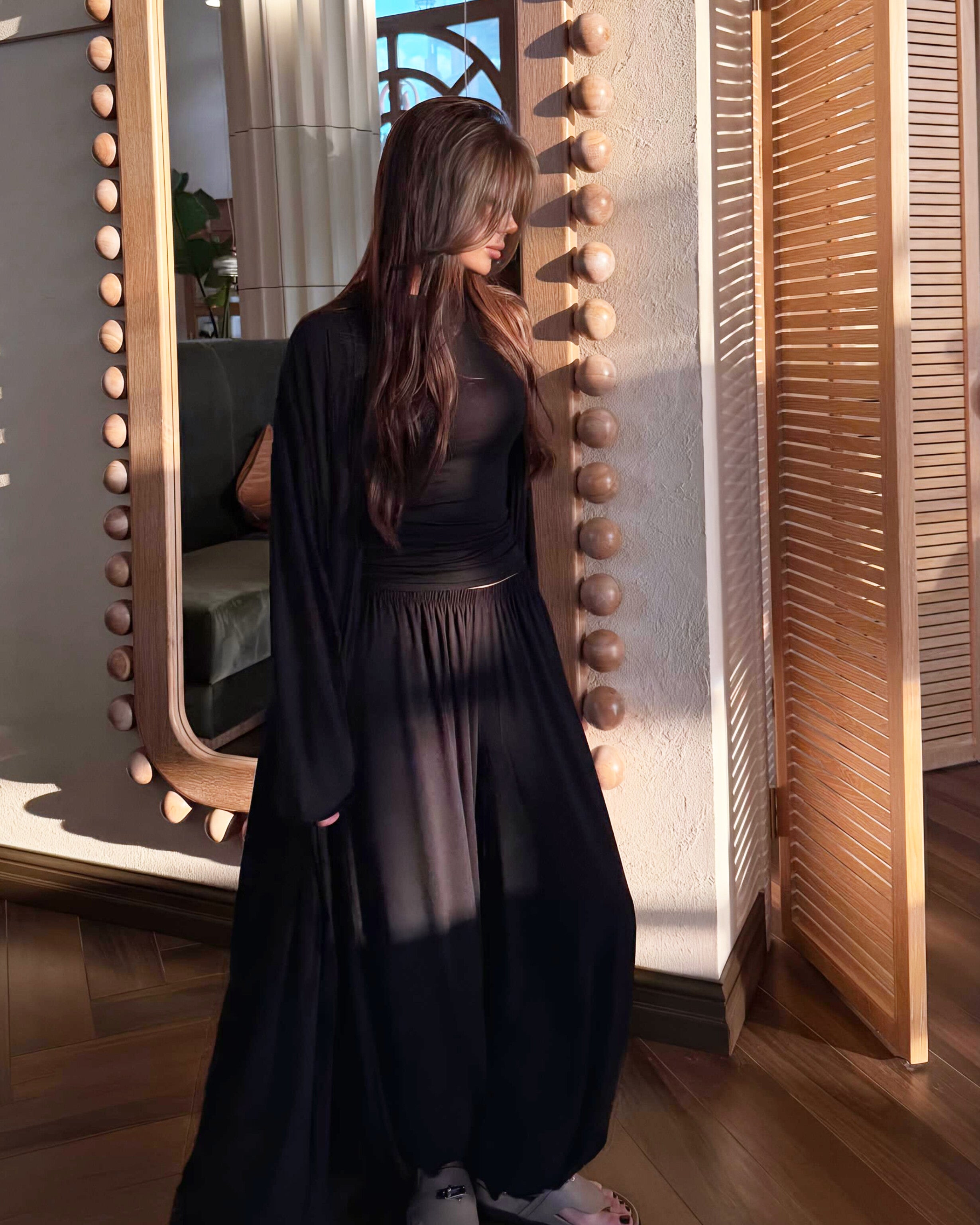Dolce Siyah Bileği Lastikli Pantolon Kimono T-shirt Set