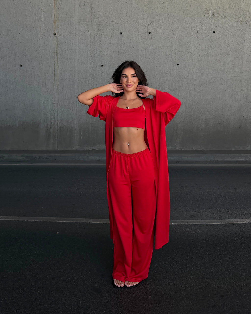 Dolce Kırmızı Crop Top - Pantolon - Kimono Set