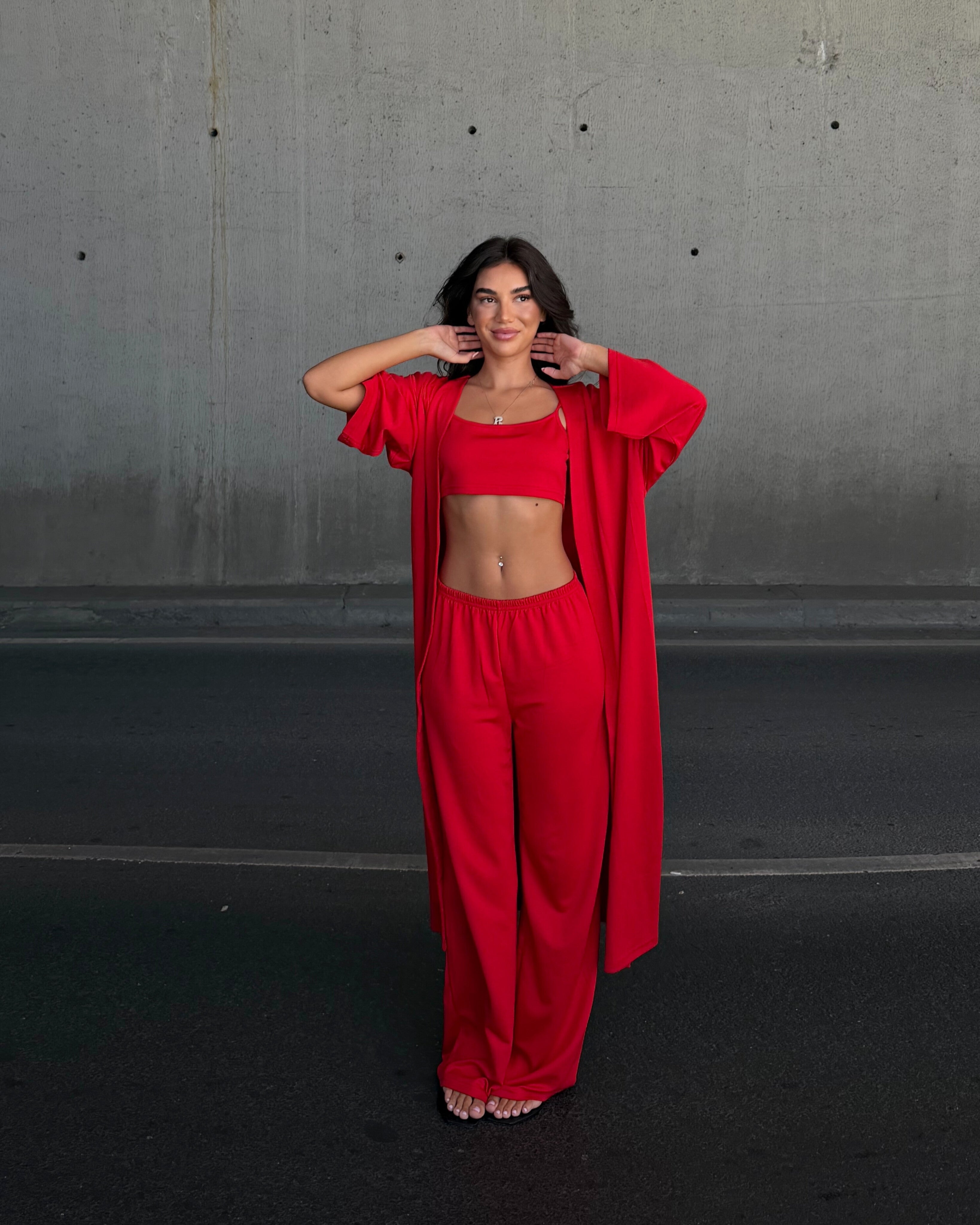 Dolce Kırmızı Crop Top - Pantolon - Kimono Set