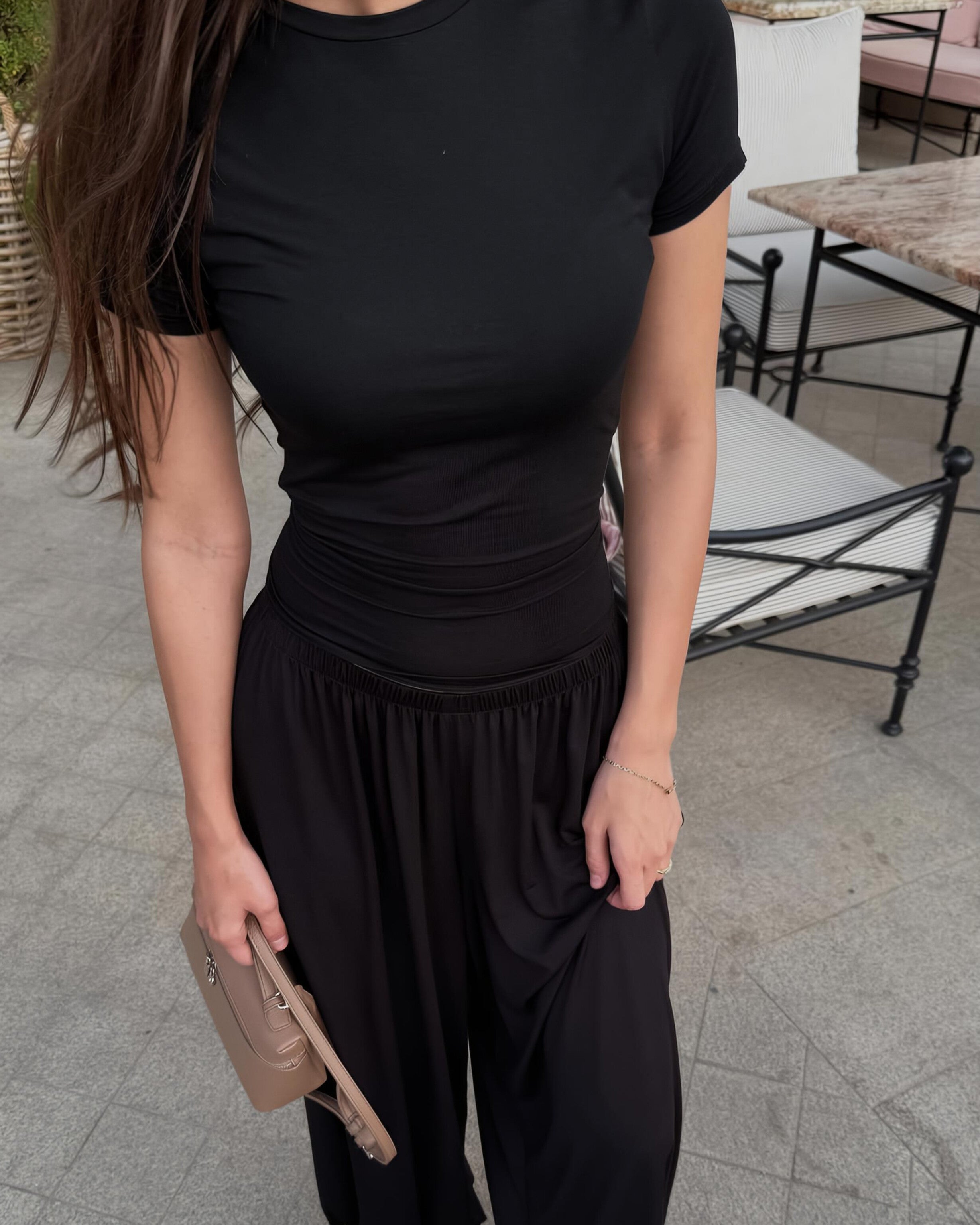 Dolce Siyah Bileği Lastikli Pantolon Kimono T-shirt Set