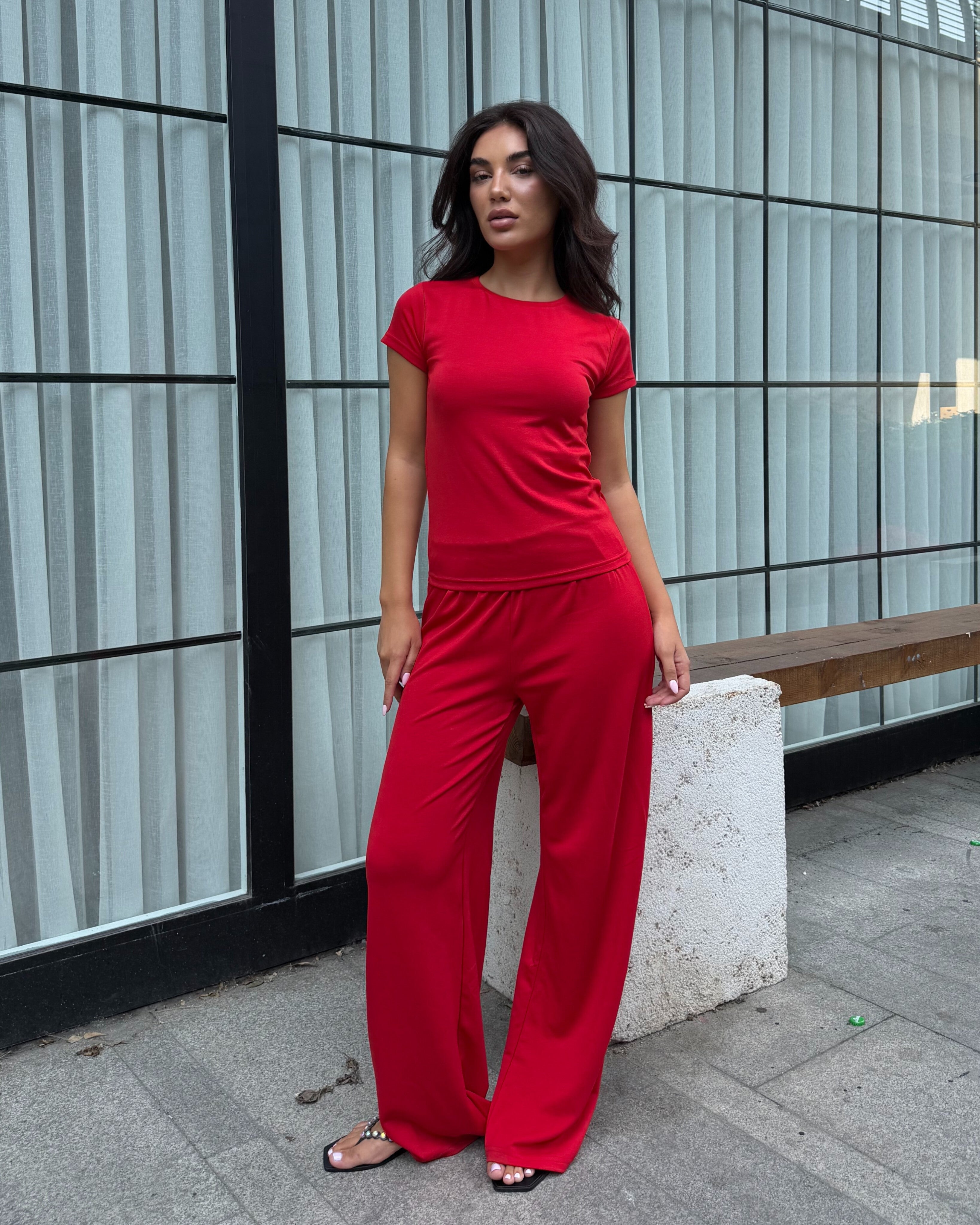 Dolce Kırmızı T-shirt - Pantolon - Kimono Set