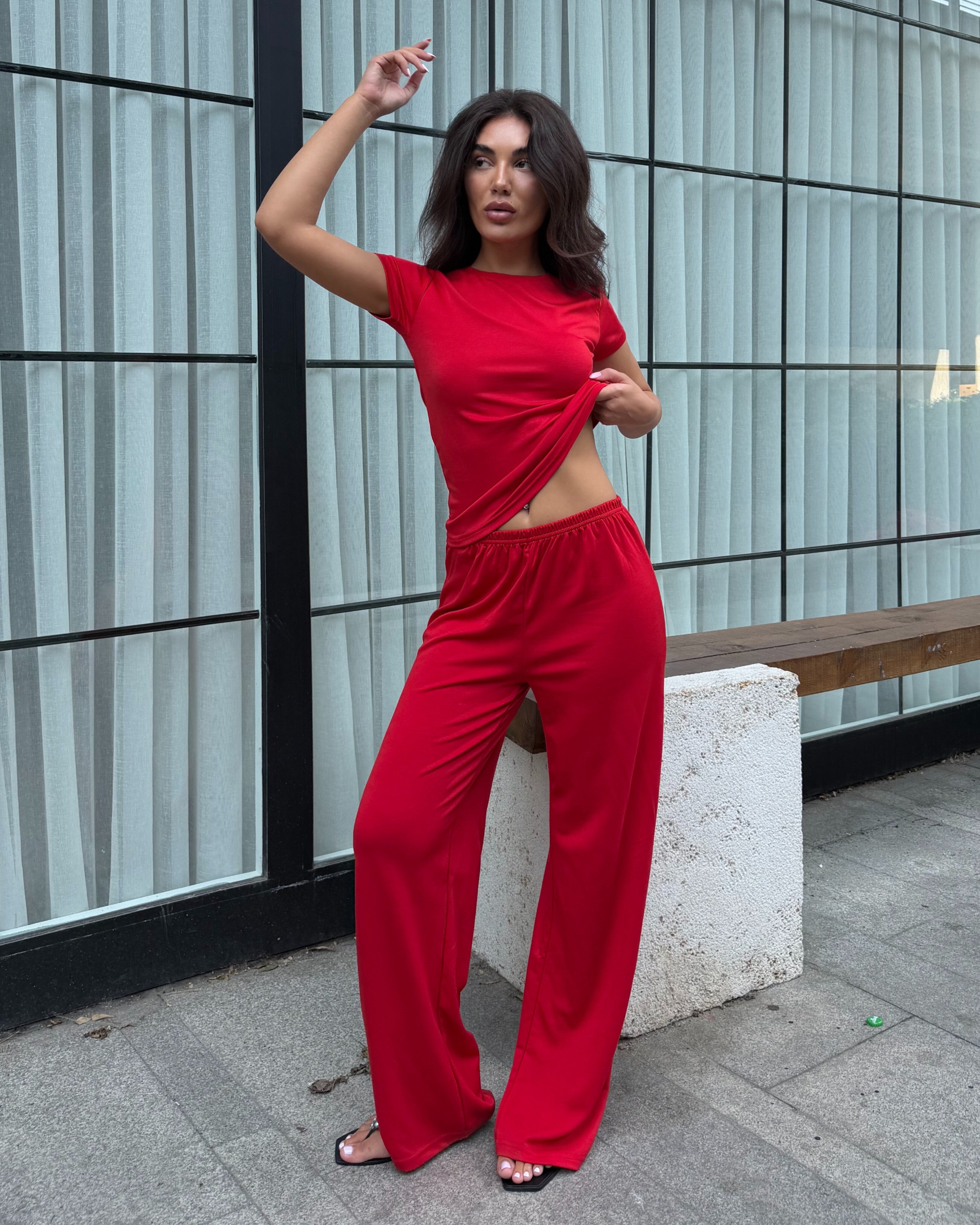 Dolce Kırmızı T-shirt - Pantolon - Kimono Set