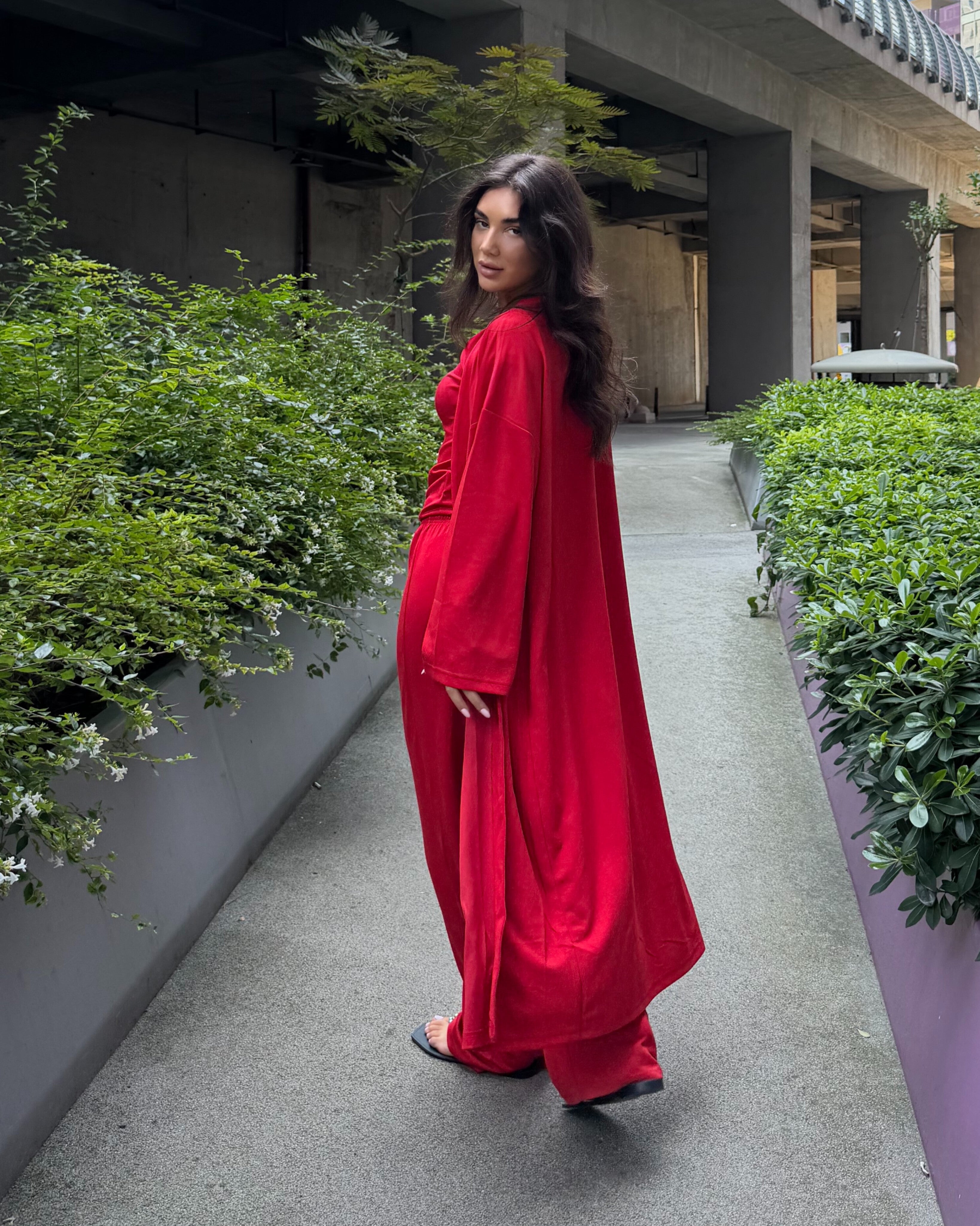 Dolce Kırmızı T-shirt - Pantolon - Kimono Set